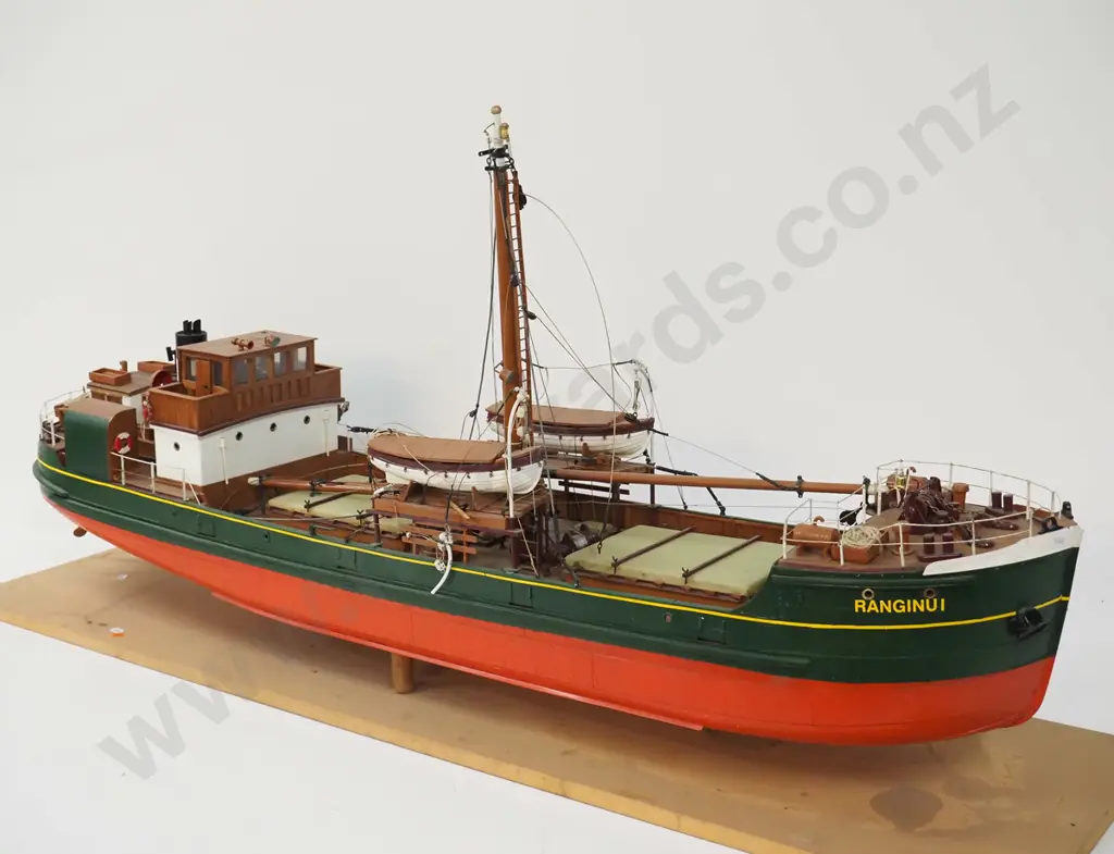 large and detailed timber ship model - coastal freighter MV. Ranginui, on wooden stand H-600 W-290 L-1230 (Pick up only) Image 1++