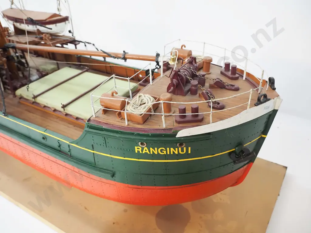 large and detailed timber ship model - coastal freighter MV. Ranginui, on wooden stand H-600 W-290 L-1230 (Pick up only) Image 1++