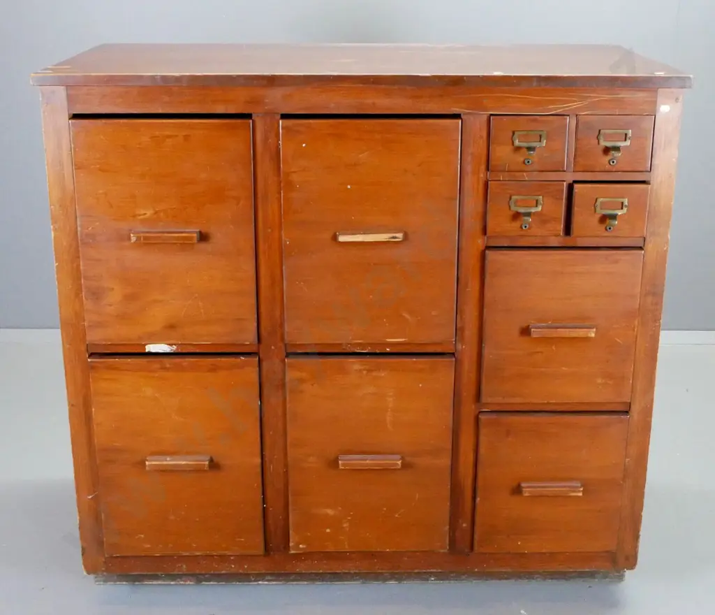 vintage kauri drawer unit with 4 large, 2 medium drawers and 4 small library card file drawers. Chips and damage, part Image 1++