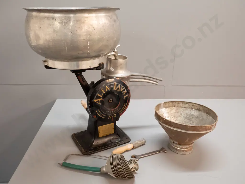 vintage Alfa Laval No. 2 milk separator - marked made in Sweden - with funnel and accessories. Some paint loss and dents Image 1++