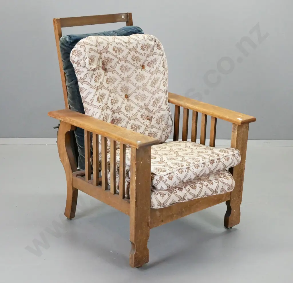 vintage Morris chair, seat replaced with metal panel, on original porcelain casters, loose seat and back cushions, some Image 1++