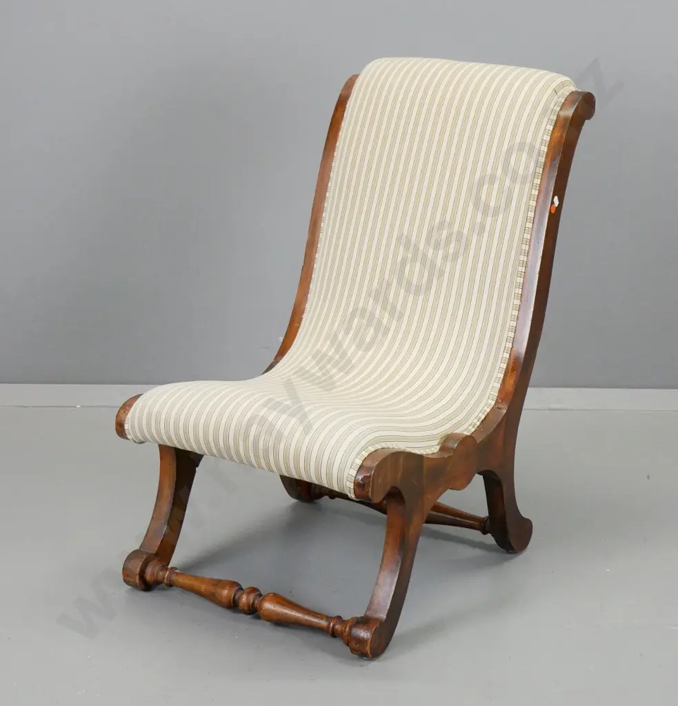 vintage timber-framed S-shaped nursing chair covered in striped satin fabric H-580 W-450 D-720 Image 1++