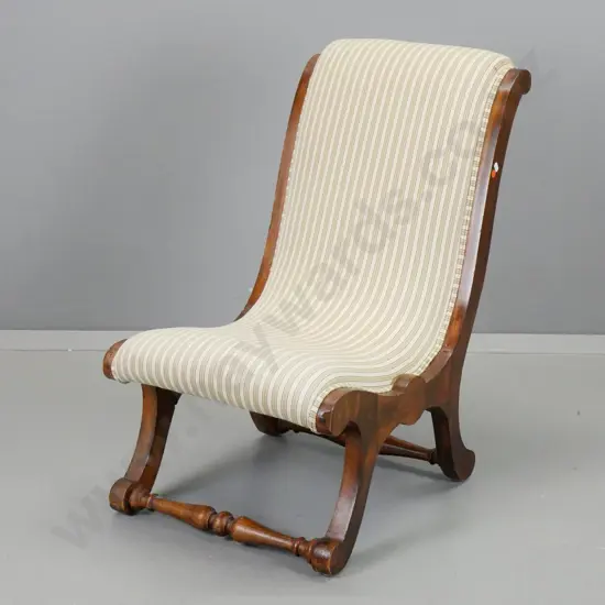 vintage timber-framed S-shaped nursing chair covered in striped satin fabric H-580 W-450 D-720