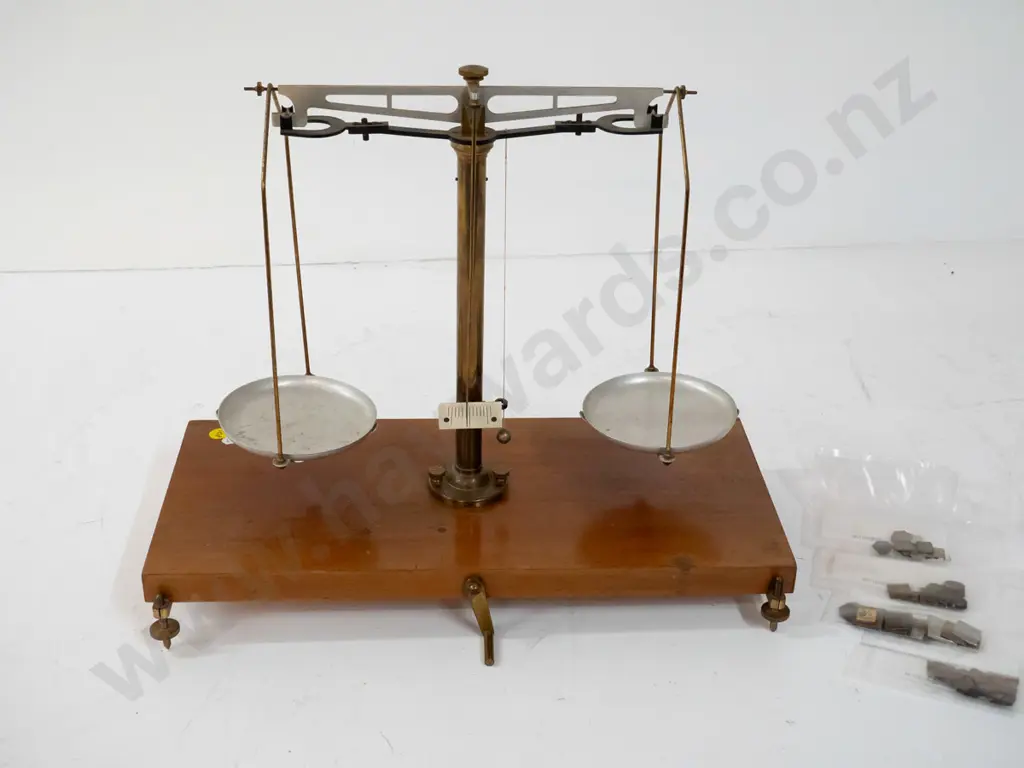 brass, aluminium and timber precision balance scales and assorted small weights - may not be original trays and hangers Image 1++