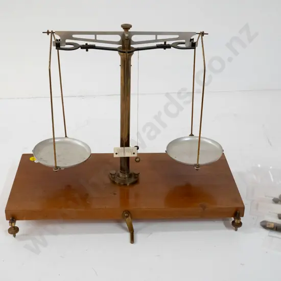 brass, aluminium and timber precision balance scales and assorted small weights - may not be original trays and hangers
