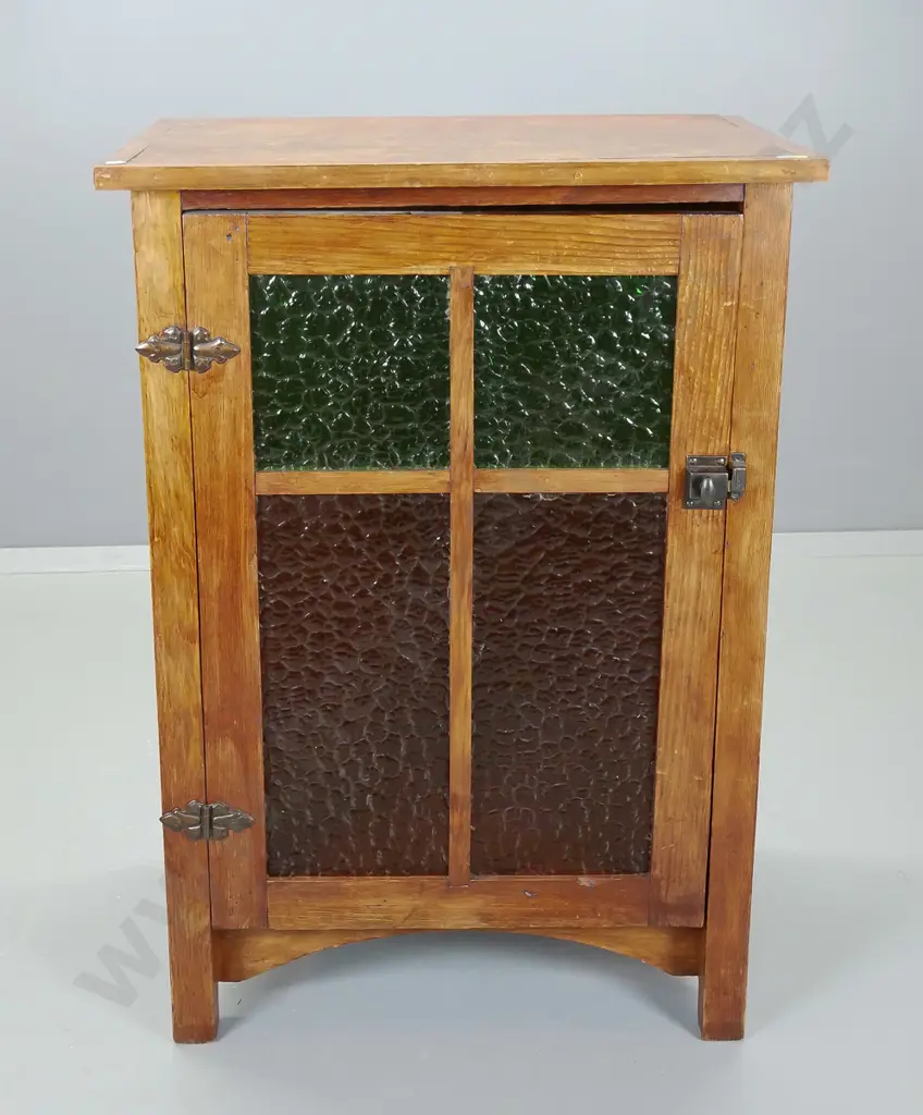 deco style pine or oregon storage cupboard with rippled coloured glass door - skirting trim missing from both sides, Image 1++