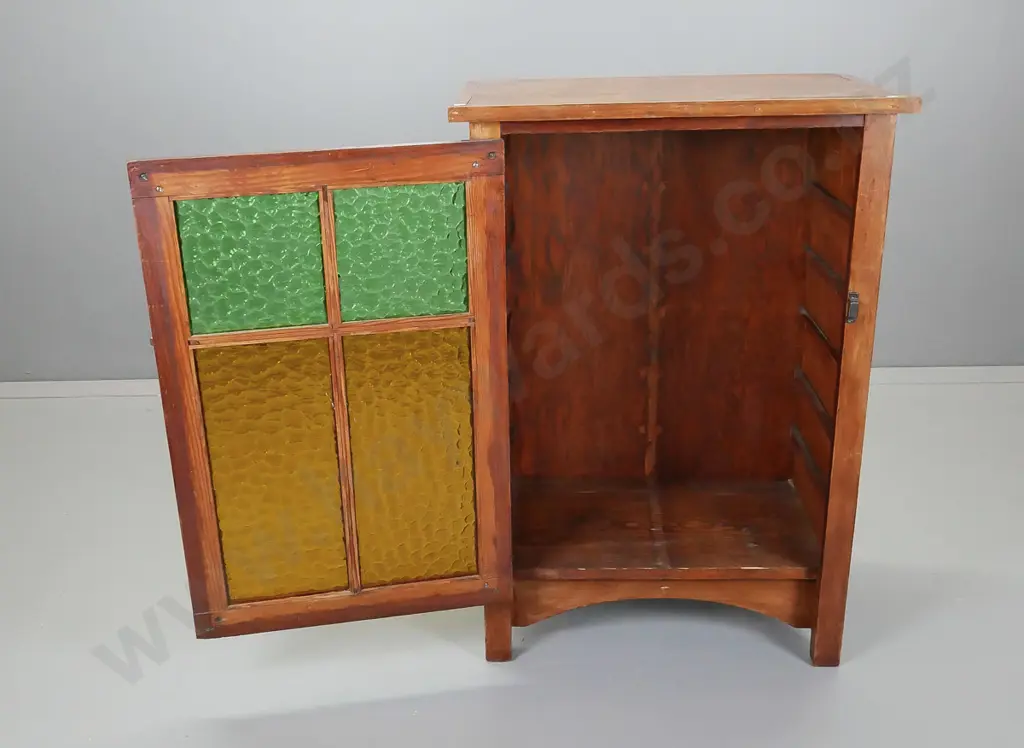 deco style pine or oregon storage cupboard with rippled coloured glass door - skirting trim missing from both sides, Image 1++
