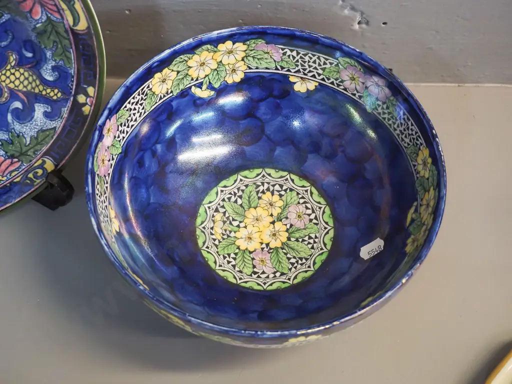 Maling dark blue lustre thumbprint footed bowl H-100 D-215 and a Royal Doulton cabinet plate. Some rubbing to gilt on Image 1++