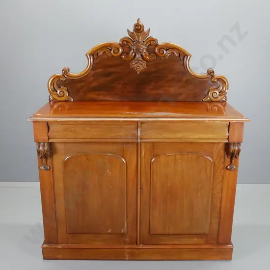 antique mahogany and mixed timber carved back sideboard with 2 drawers, one lined, 2 doors, with key - warped frame on