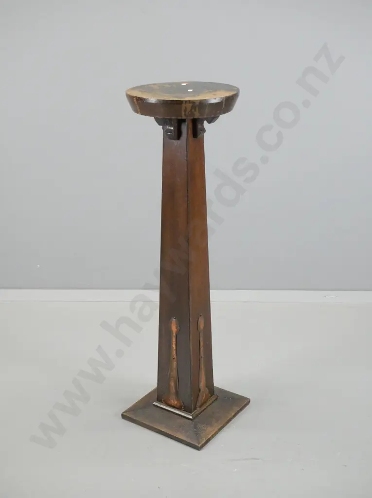 deco oak indoor plant stand with pressed copper detailing - wear to polish. H-1000 Base is 300x300 Image 1++
