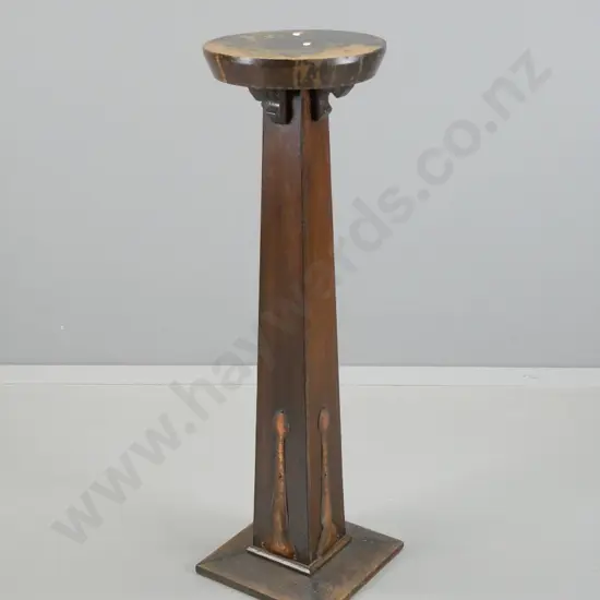deco oak indoor plant stand with pressed copper detailing - wear to polish. H-1000 Base is 300x300