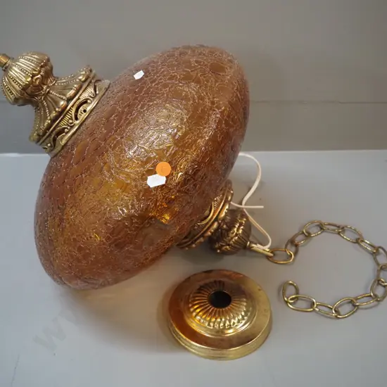 large moulded amber glass and ornate brass ceiling light, with chain and journal - H-480 D-350