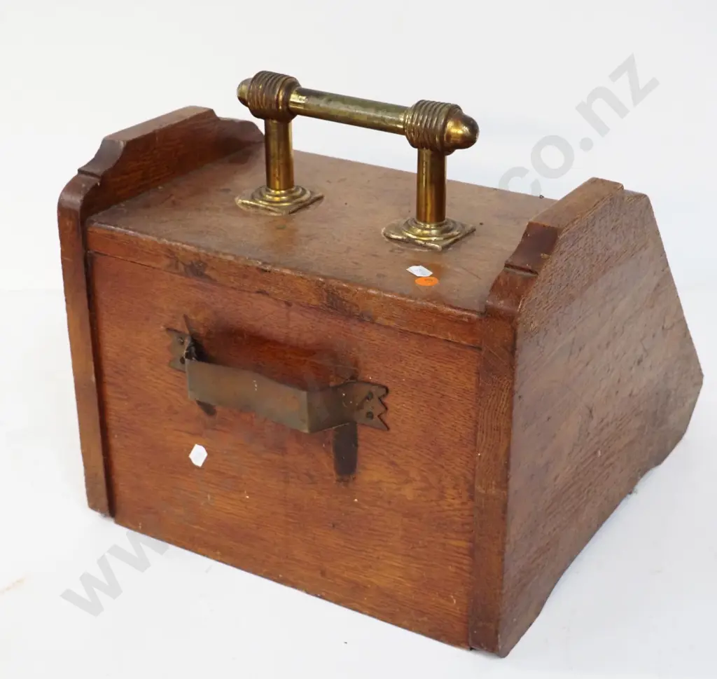 vintage oak coal bin with tin liner, carved flap and brass top handle - general wear and tear H-350 W-350 D-410 Image 1++