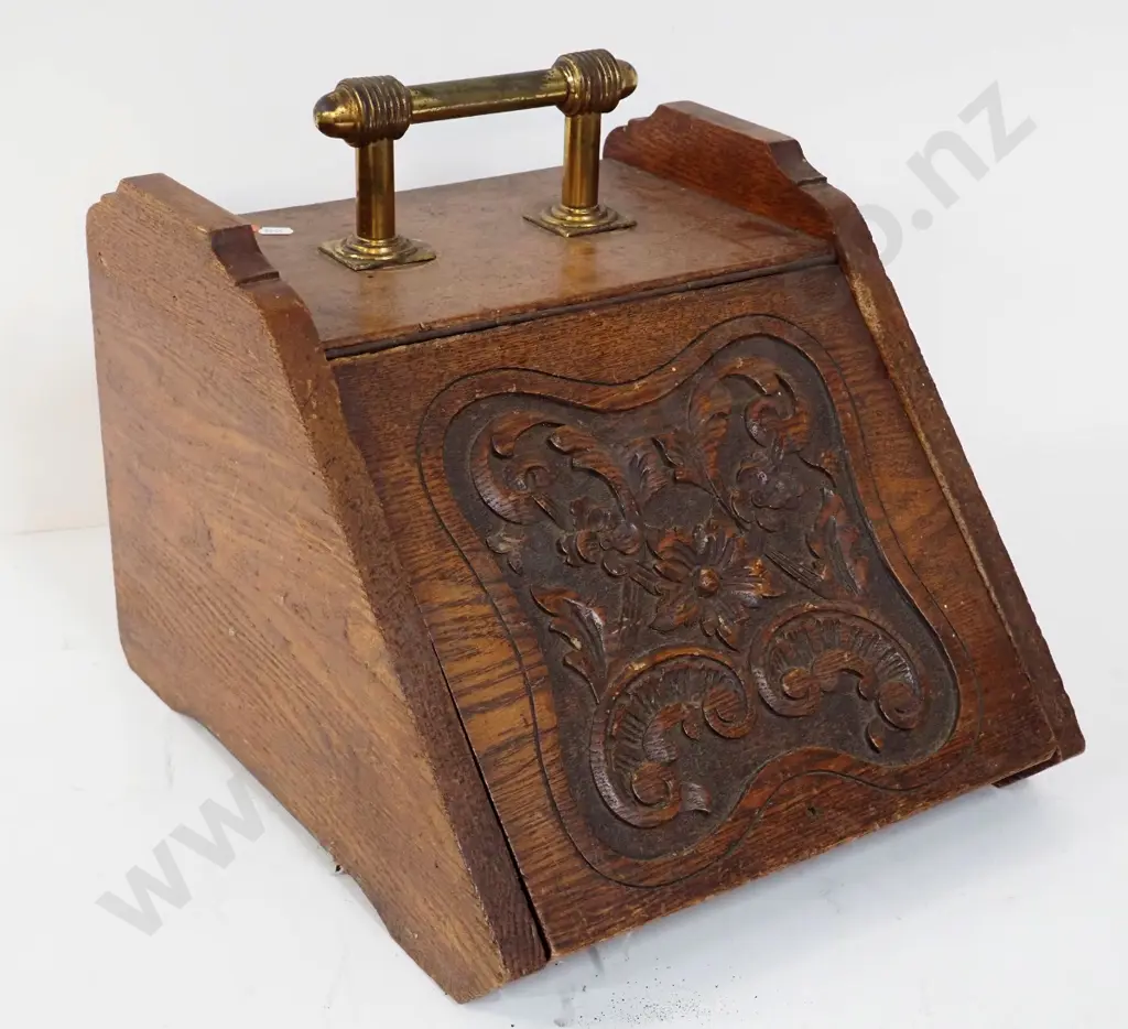 vintage oak coal bin with tin liner, carved flap and brass top handle - general wear and tear H-350 W-350 D-410 Image 1++