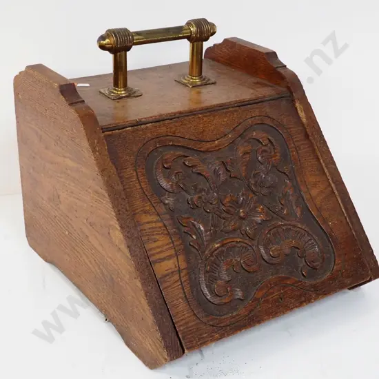 vintage oak coal bin with tin liner, carved flap and brass top handle - general wear and tear H-350 W-350 D-410