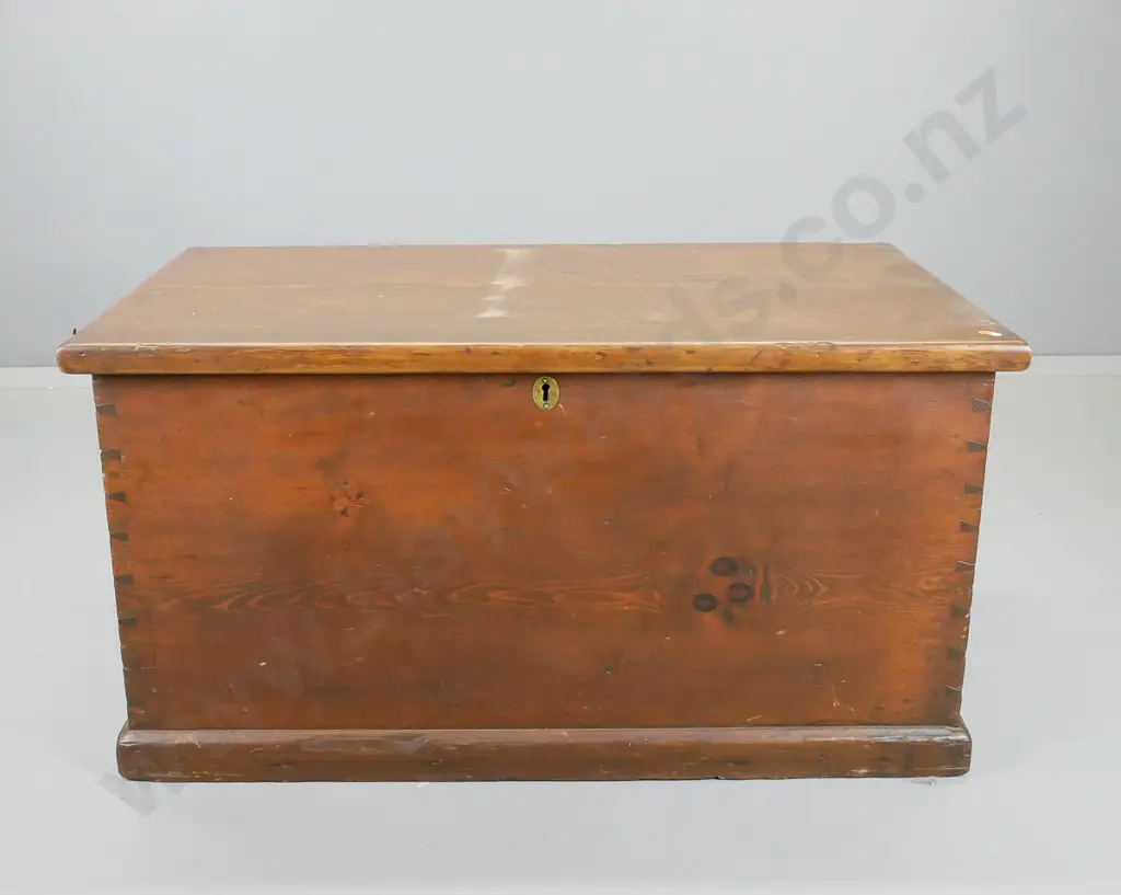 baltic pine trunk with strip hinges and candle box inside, missing carry handles H- 520, W- 990, D- 560 Image 1++
