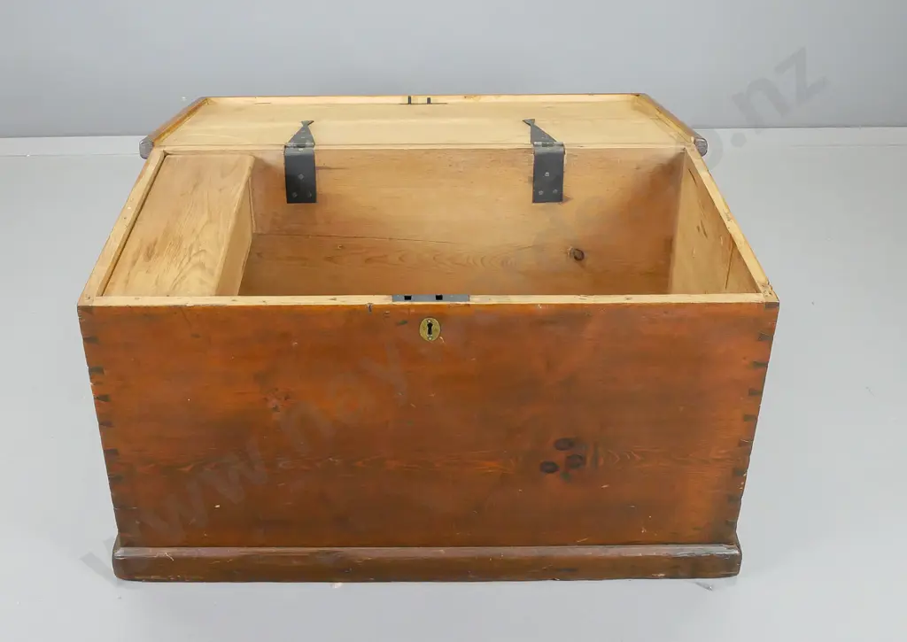 baltic pine trunk with strip hinges and candle box inside, missing carry handles H- 520, W- 990, D- 560 Image 1++