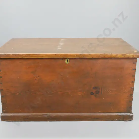 baltic pine trunk with strip hinges and candle box inside, missing carry handles H- 520, W- 990, D- 560
