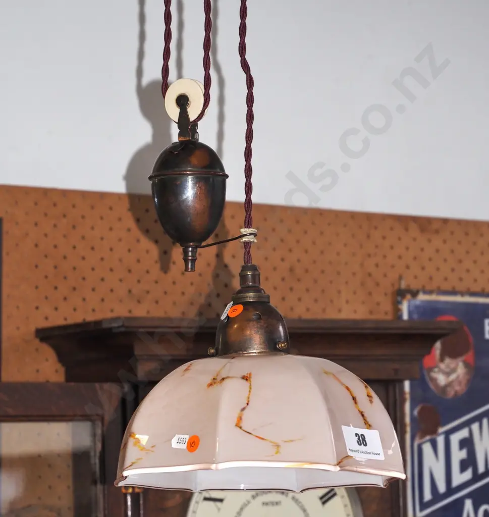 rise and fall hanging light with pink fluted shade and mottled decoration Image 1++