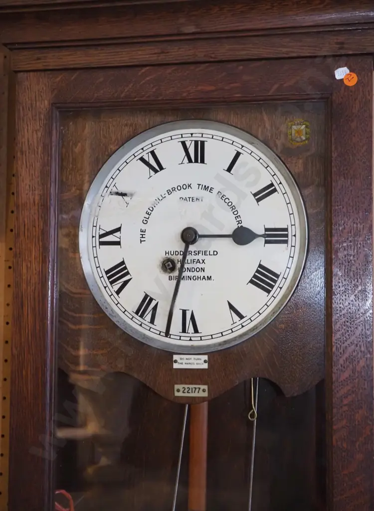 Gledhill-Brook time recorder in oak, having two side card holders, original condition, some borer Image 1++