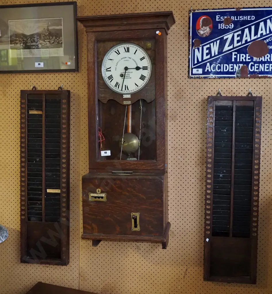 Gledhill-Brook time recorder in oak, having two side card holders, original condition, some borer Image 1++