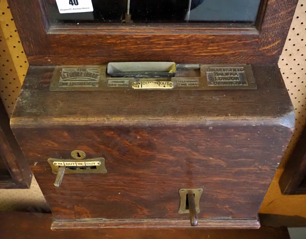 Gledhill-Brook time recorder in oak, having two side card holders, original condition, some borer Image 1++