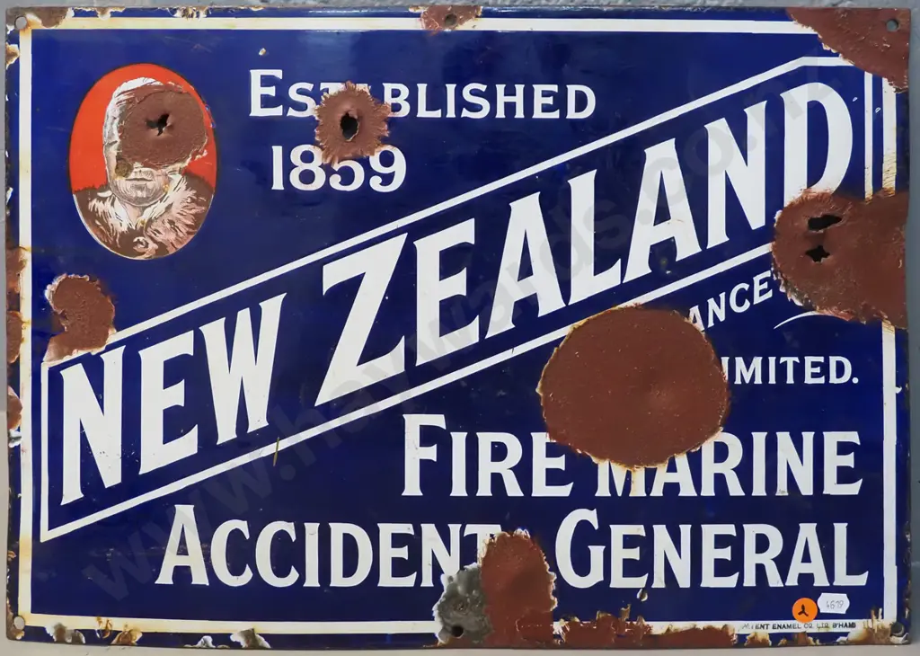enamel on metal New Zealand Insurance Co. Ltd plaque -  loss of enamel and corrosion H360 W500 Image 1++