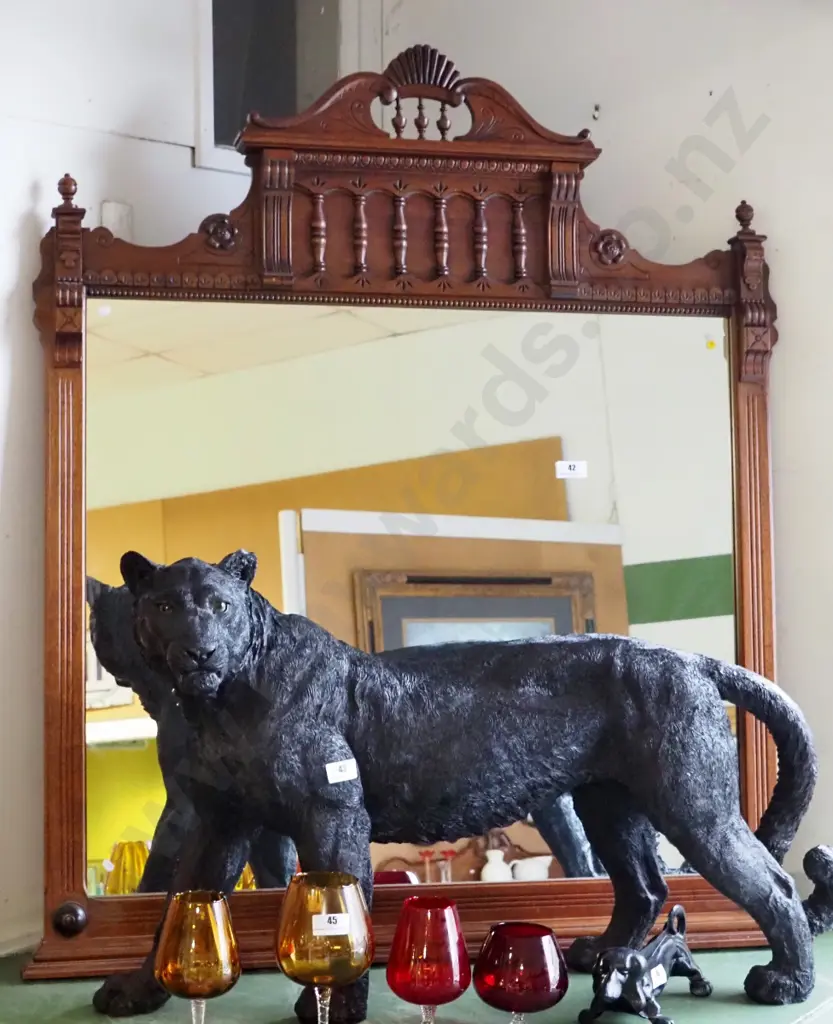 walnut reproduction over-mantle mirror, having shaped crest with turned gallery Image 1++