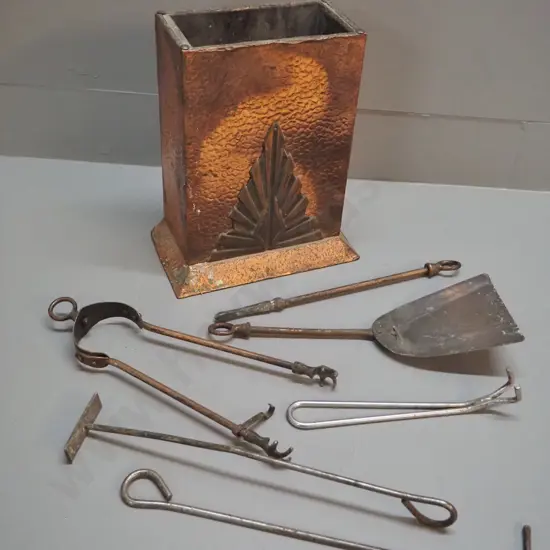 vintage small fireside set with beaten copper stand, 3 copper tools and 3 non-matching. Box is H-280 W-240 D140
