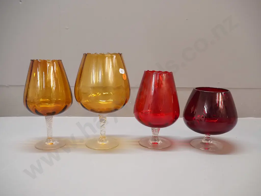 4 retro assorted colour & clear glass goblets - amber and ruby, tallest is H-230 Image 1++