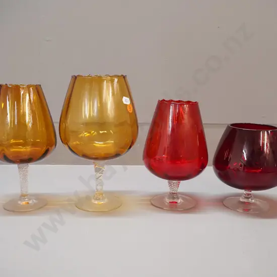 4 retro assorted colour & clear glass goblets - amber and ruby, tallest is H-230