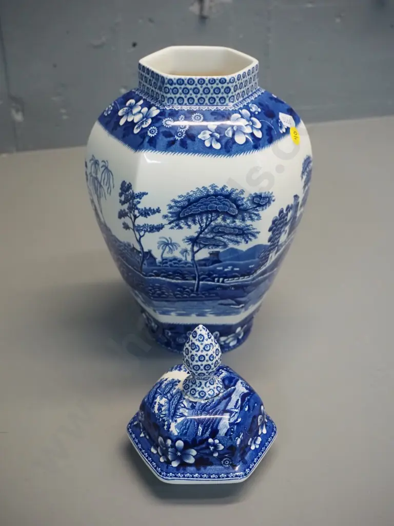 Spode "Blue Tower" lidded hexagonal urn/temple jar H- 320 Image 1++