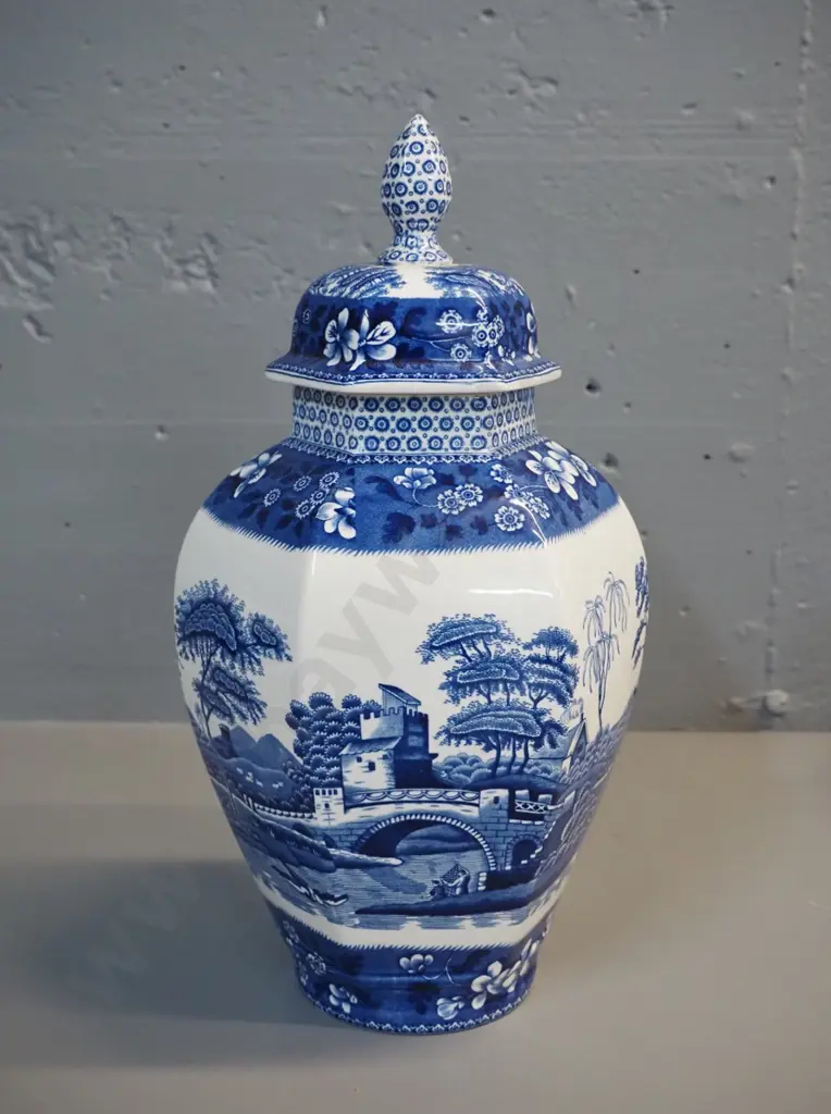 Spode "Blue Tower" lidded hexagonal urn/temple jar H- 320 Image 1++