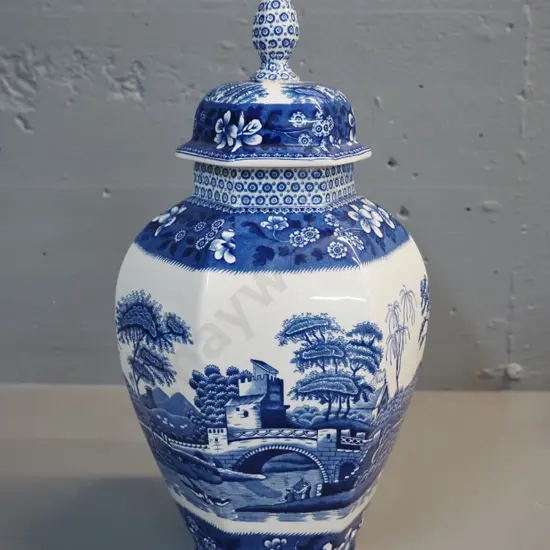 Spode "Blue Tower" lidded hexagonal urn/temple jar H- 320