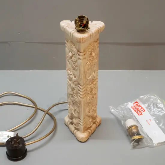 Temuka pottery 3-sided tiki motif table lamp base - needs rewiring, includes extra fitting, has chip on base  H-290