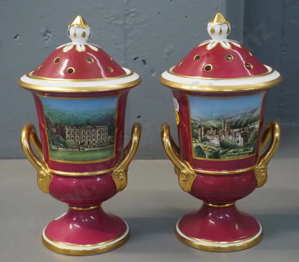 2 Spode limited edition, signed, lidded double-handled urn vases, "Haddon Hall" and "The Chatsworth" H-195 Image 1++