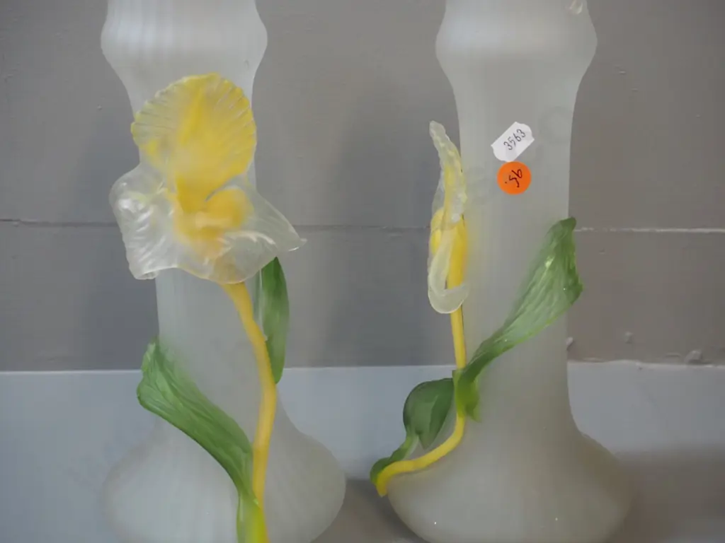 pair of antique glass orchid relief pattern hyacinth vases - yellow cadmium glass glows under UV light. One has surface Image 1++