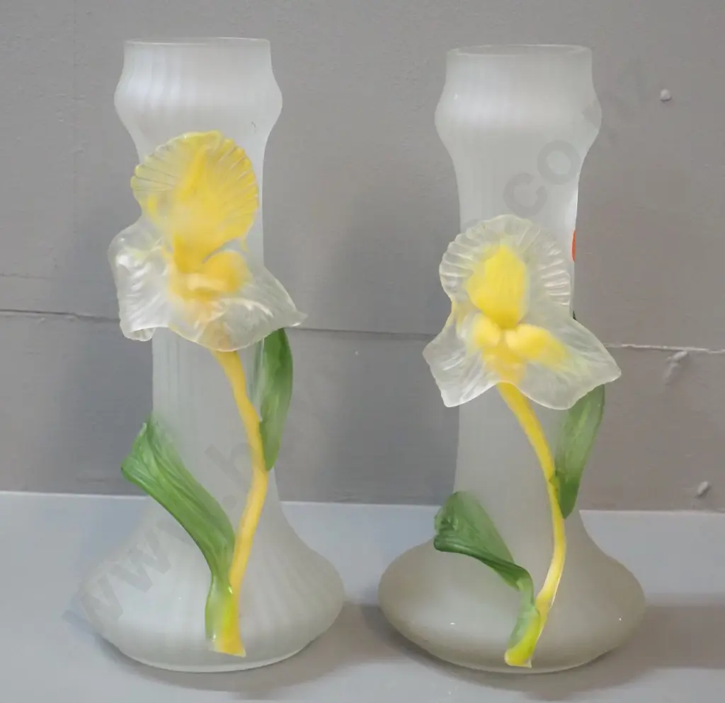 pair of antique glass orchid relief pattern hyacinth vases - yellow cadmium glass glows under UV light. One has surface Image 1++