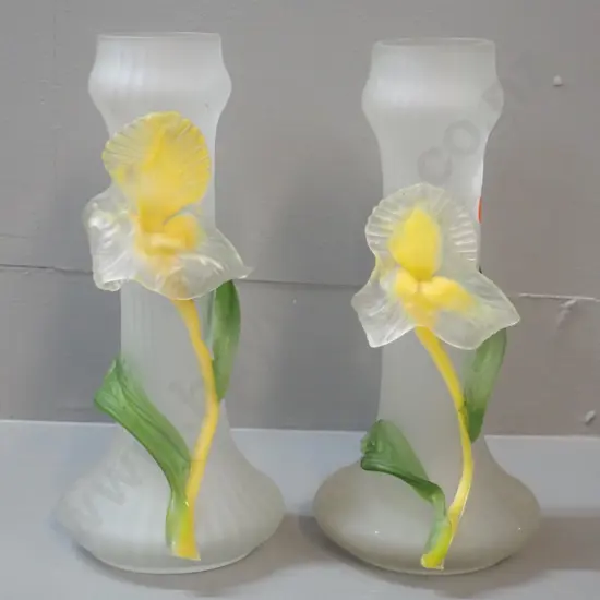 pair of antique glass orchid relief pattern hyacinth vases - yellow cadmium glass glows under UV light. One has surface
