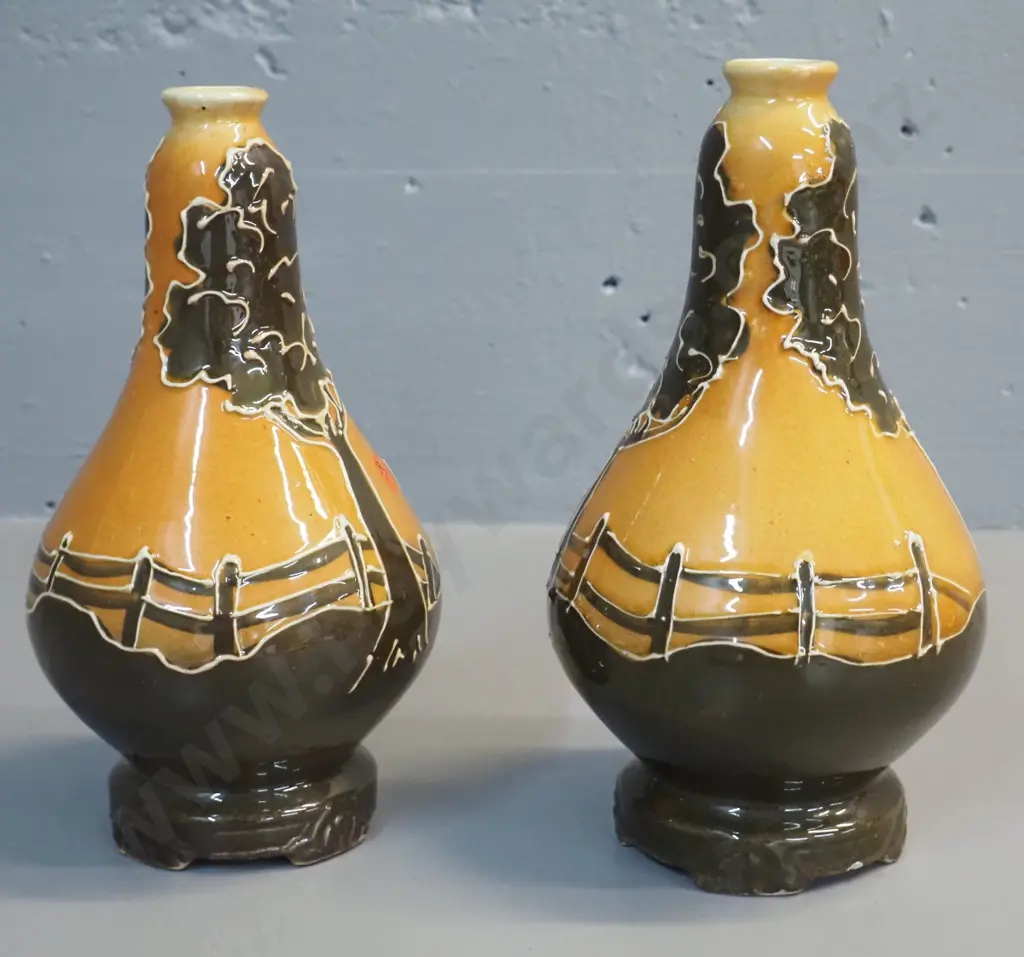 pair of Ravissant Ware (Welsh?) majolica style vases, marked 174, one has several firing faults H-240 D-130 Image 1++