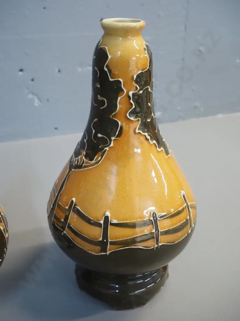 pair of Ravissant Ware (Welsh?) majolica style vases, marked 174, one has several firing faults H-240 D-130 Image 1++