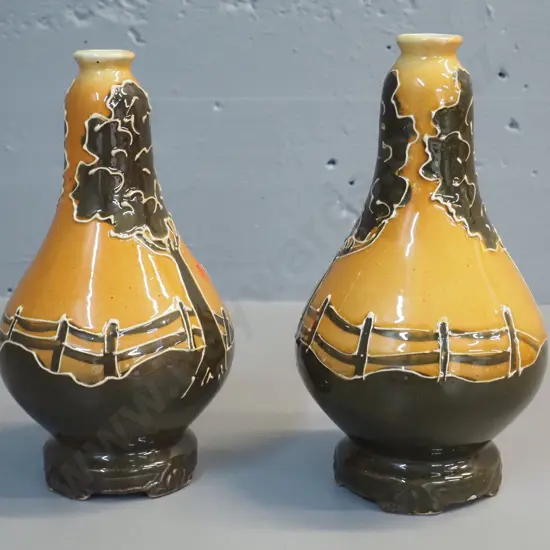pair of Ravissant Ware (Welsh?) majolica style vases, marked 174, one has several firing faults H-240 D-130