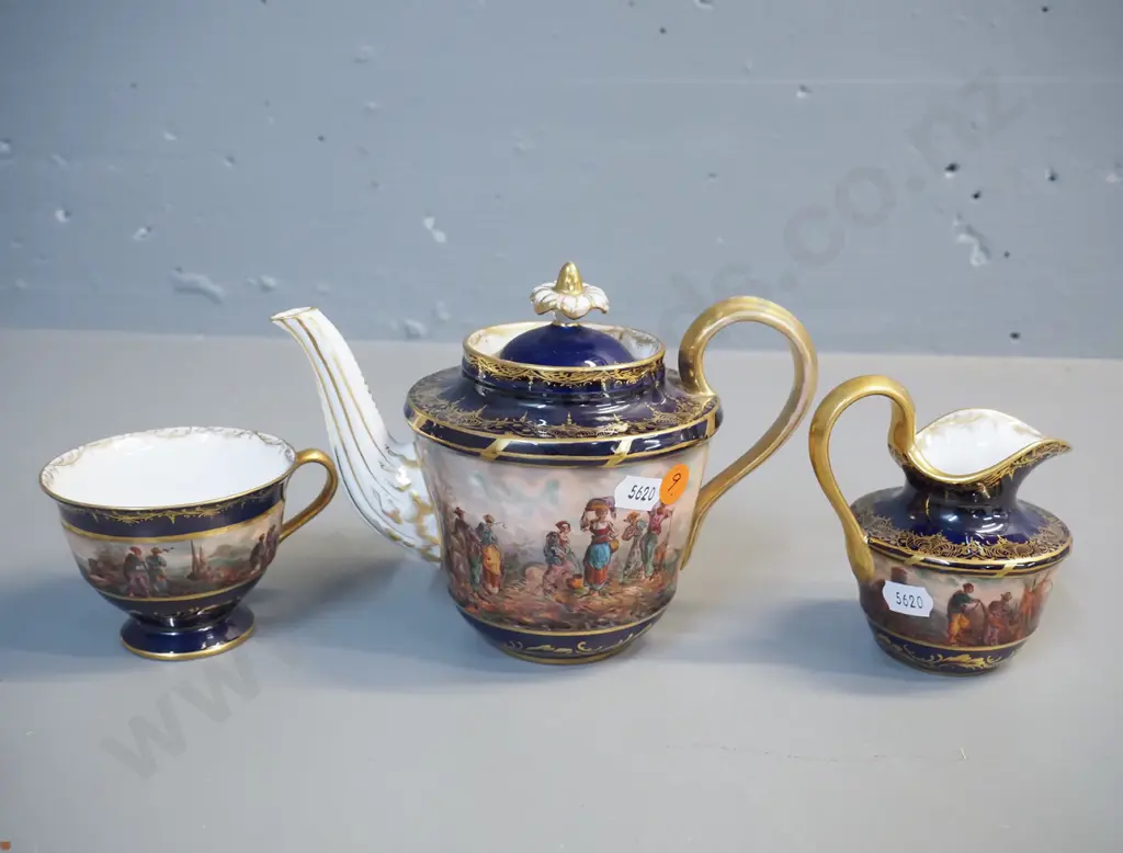 antique European teapot, cream jug and cup - scenic motifs with cobalt and gilt trim. Teapot H-135 W-180 Image 1++