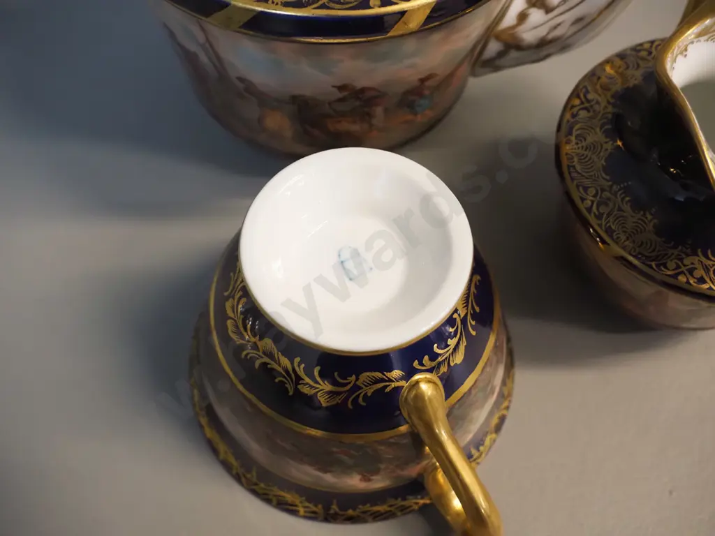 antique European teapot, cream jug and cup - scenic motifs with cobalt and gilt trim. Teapot H-135 W-180 Image 1++