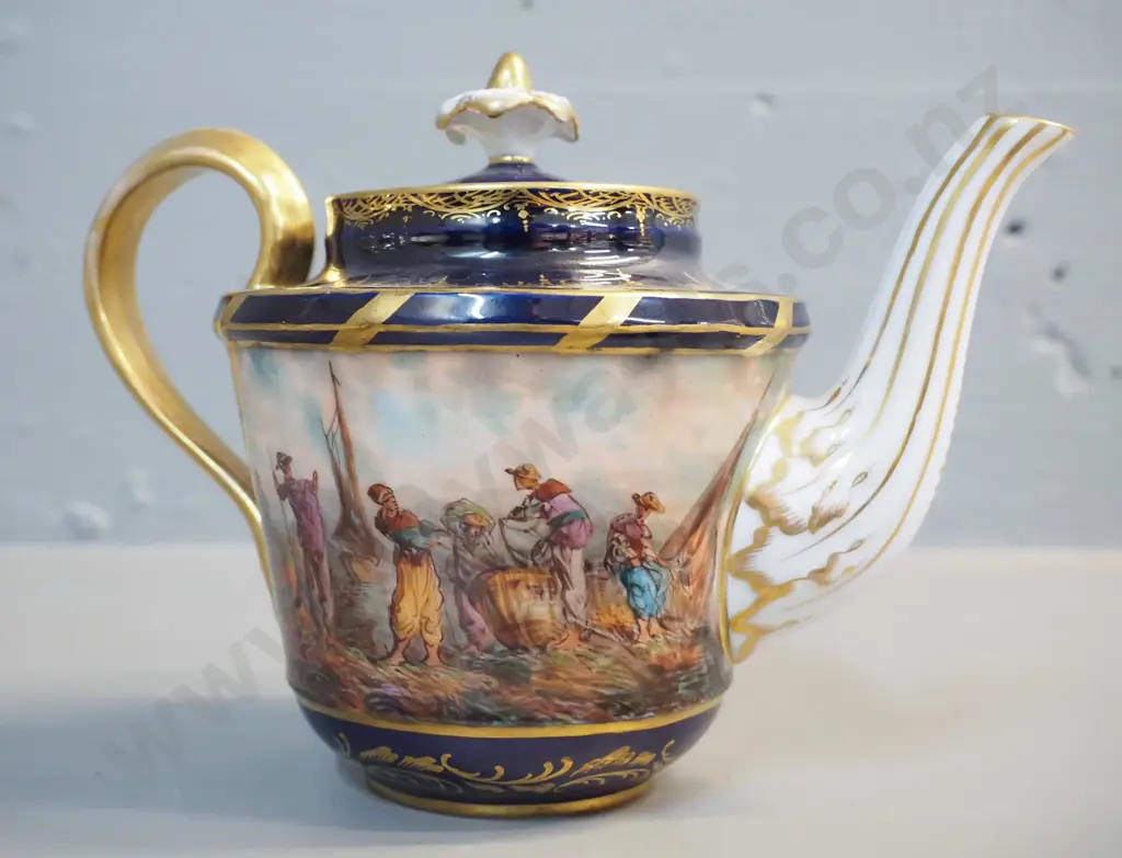 antique European teapot, cream jug and cup - scenic motifs with cobalt and gilt trim. Teapot H-135 W-180 Image 1++