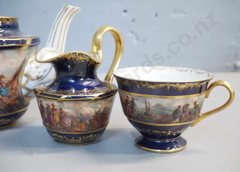 antique European teapot, cream jug and cup - scenic motifs with cobalt and gilt trim. Teapot H-135 W-180 Image 1++