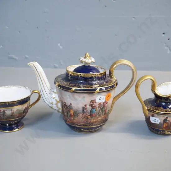 antique European teapot, cream jug and cup - scenic motifs with cobalt and gilt trim. Teapot H-135 W-180