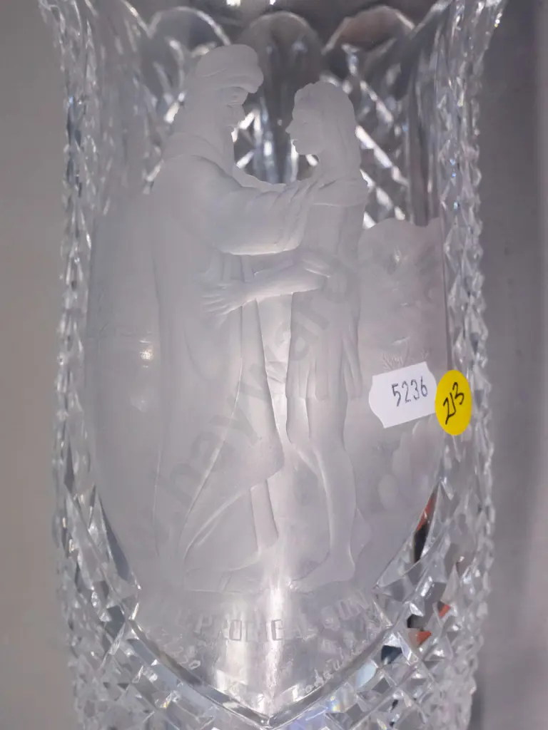 heavy Waterford limited edition cut crystal vase with raised & frosted motif - etched Prodigal Son 43/250 Image 1++