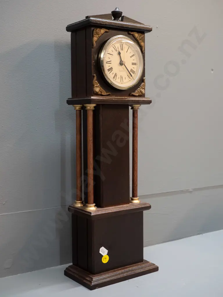 mahogany cased miniature long-cased mantel clock with columns, ormolu detail, quartz movement H460 W140 Image 1++