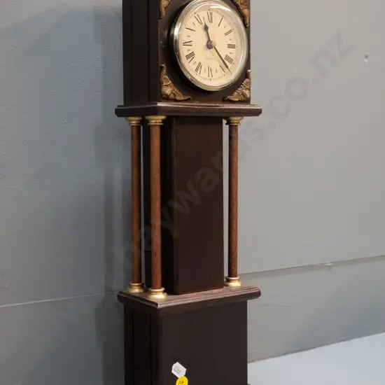 mahogany cased miniature long-cased mantel clock with columns, ormolu detail, quartz movement H460 W140